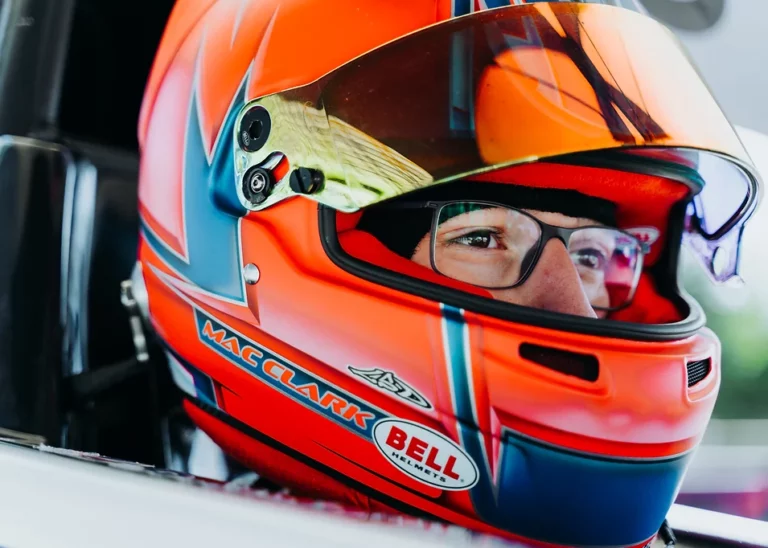 Mac Clark wearing race helmet